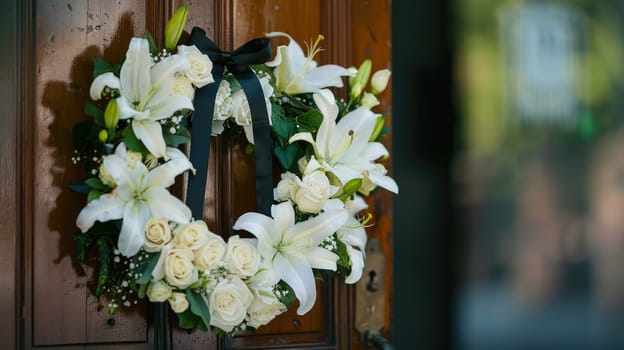 Heart-shaped Wreath of White Lilies and Roses on Chapel Door with Black Ribbon, Eternal Love and Memory.