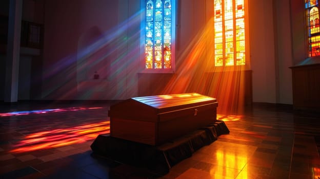 Tranquil Funeral Setting with Wooden Casket in Empty Church - Copy Space for Messages on Funeral Arrangements.