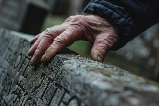 Hand Touching Engraved Headstone, Symbol of Time and Remembrance, Contemplating Memories.