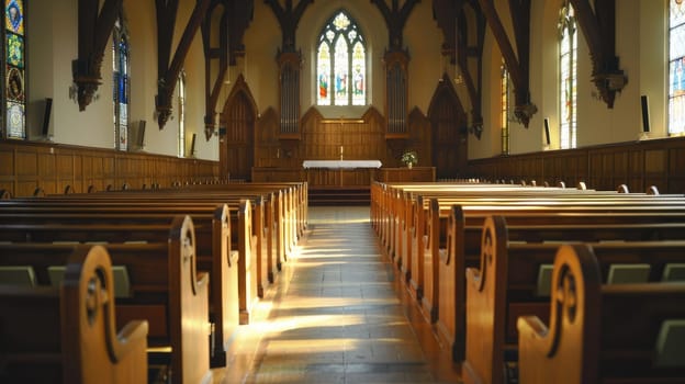Serene Church Interior with Empty Wooden Pews for Funeral Services Advertisement.