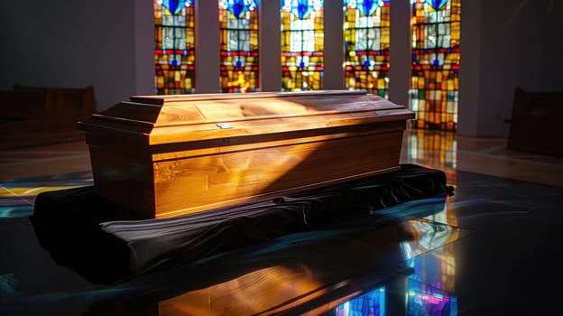 Tranquil Funeral Setting with Wooden Casket in Empty Church - Copy Space for Messages on Funeral Arrangements.