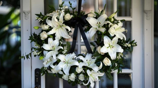 Heart-shaped Wreath of White Lilies and Roses on Chapel Door with Black Ribbon, Eternal Love and Memory.