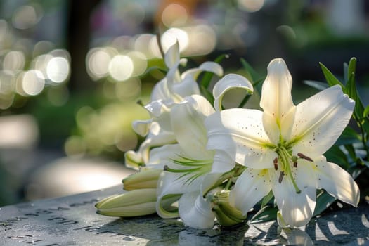 White Lilies on Polished Tombstone with Copy Space for Compassionate Message, Serene Remembrance.