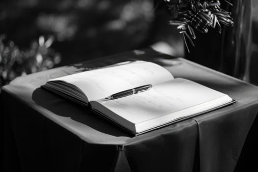Elegant Guestbook for Condolences with Pen on Black Tablecloth at Funeral Service.