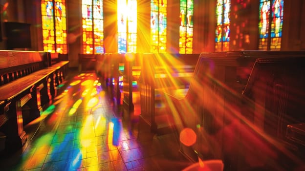 Tranquil Church Interior with Sunlight Through Stained Glass Windows - Spiritual Serenity.