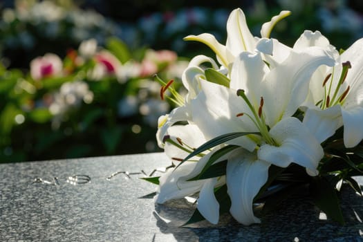 White Lilies on Polished Tombstone with Copy Space for Compassionate Message, Serene Remembrance.