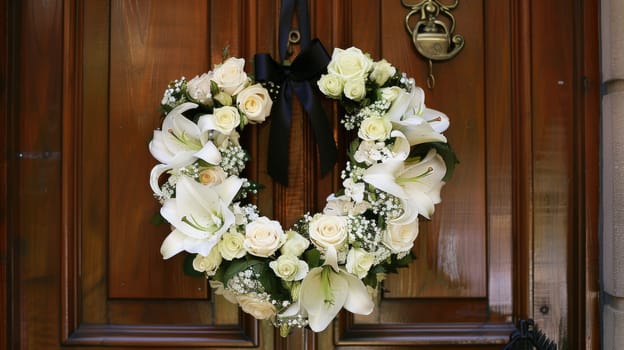 Heart-shaped Wreath of White Lilies and Roses on Chapel Door with Black Ribbon, Eternal Love and Memory.