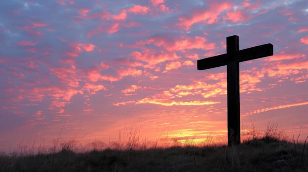 Wooden Cross Symbolizing Faith and Hope in the Glow of Sunset, Divine Silhouette.