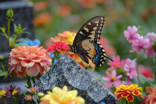 Butterfly on Headstone with Fresh Flowers Symbolizing Hope and Endurance, Tranquil Transformation.