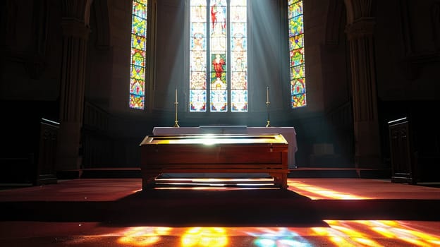 Tranquil Funeral Setting with Wooden Casket in Empty Church - Copy Space for Messages on Funeral Arrangements.