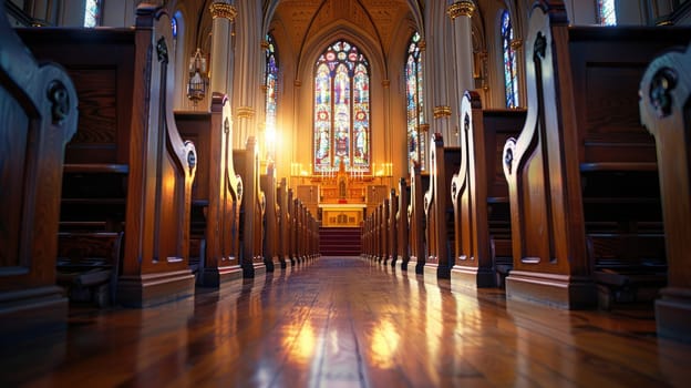 Serene Church Interior with Empty Wooden Pews for Funeral Services Advertisement.