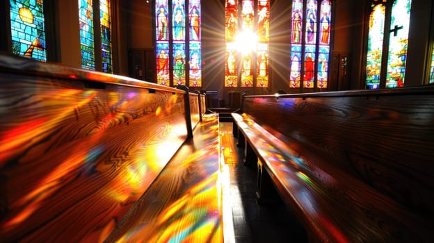 Tranquil Church Interior with Sunlight Through Stained Glass Windows - Spiritual Serenity.
