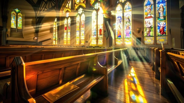 Tranquil Church Interior with Sunlight Through Stained Glass Windows - Spiritual Serenity.