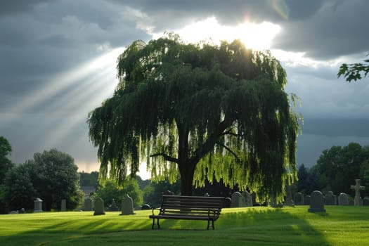 Ray of Sunlight on Lonely Bench in Cemetery Under Weeping Willow Tree, Solitude and Serenity.