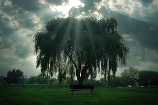 Ray of Sunlight on Lonely Bench in Cemetery Under Weeping Willow Tree, Solitude and Serenity.