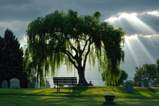 Ray of Sunlight on Lonely Bench in Cemetery Under Weeping Willow Tree, Solitude and Serenity.
