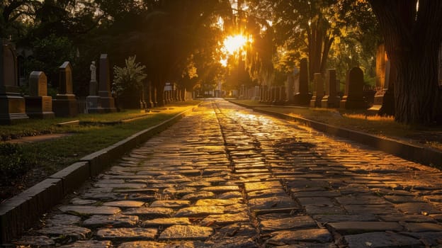 Path of Cobblestones among Ancient Headstones in Golden Light, Serene Sunset at Historic Cemetery.