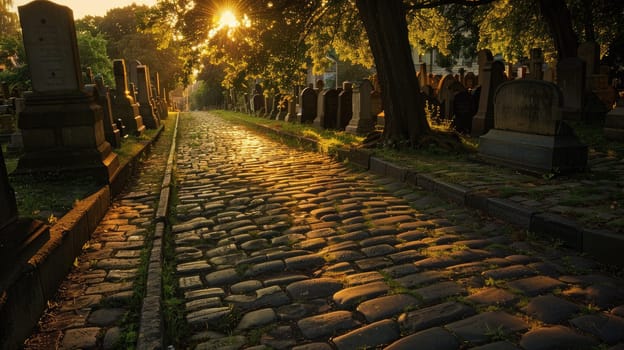 Path of Cobblestones among Ancient Headstones in Golden Light, Serene Sunset at Historic Cemetery.
