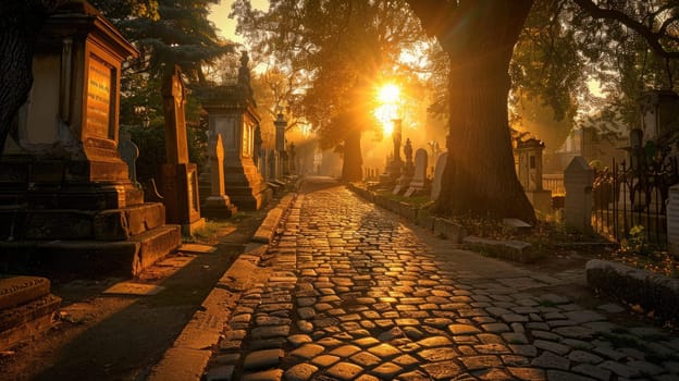 Path of Cobblestones among Ancient Headstones in Golden Light, Serene Sunset at Historic Cemetery.