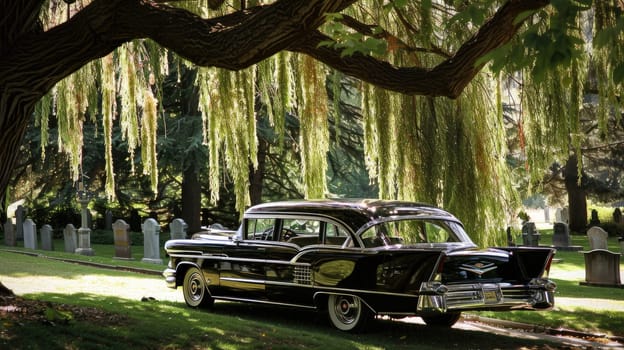 Vintage Hearse in Empty Cemetery Beneath Weeping Willow Tree, Elegance Amongst Solitude.