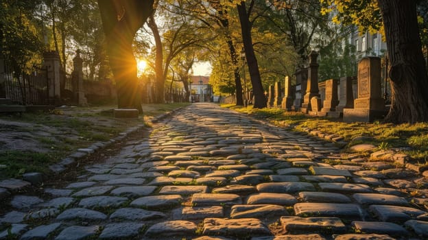 Path of Cobblestones among Ancient Headstones in Golden Light, Serene Sunset at Historic Cemetery.
