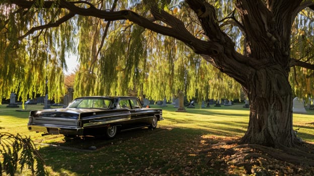 Vintage Hearse in Empty Cemetery Beneath Weeping Willow Tree, Elegance Amongst Solitude.