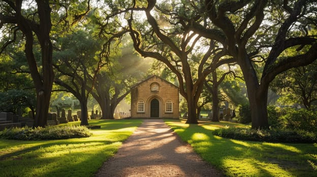 Tranquil Path to Quaint Chapel in Ancient Cemetery with Copy Space for Comfort Message.