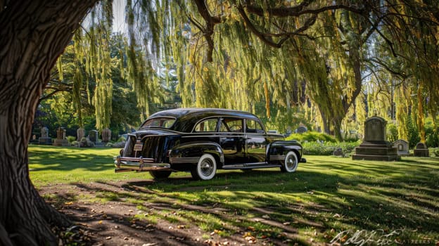 Vintage Hearse in Empty Cemetery Beneath Weeping Willow Tree, Elegance Amongst Solitude.