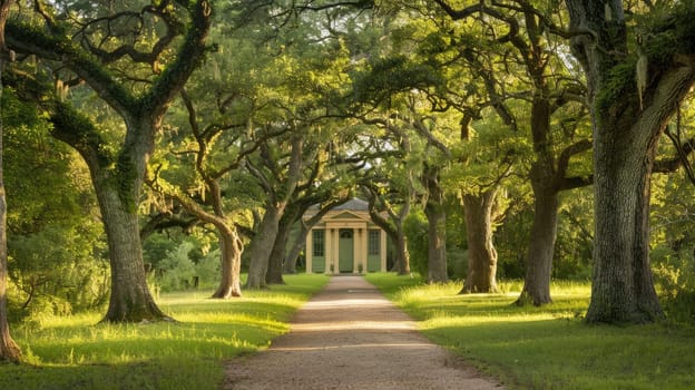 Tranquil Path to Quaint Chapel in Ancient Cemetery with Copy Space for Comfort Message.