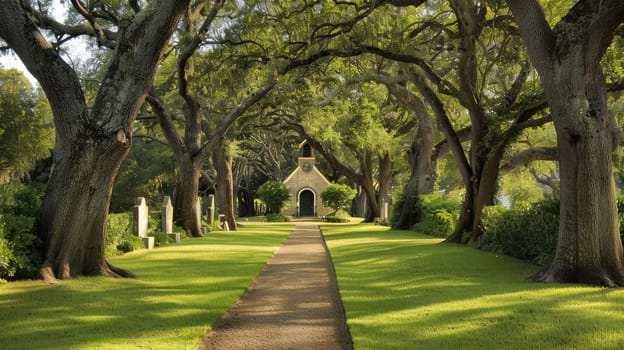 Tranquil Path to Quaint Chapel in Ancient Cemetery with Copy Space for Comfort Message.