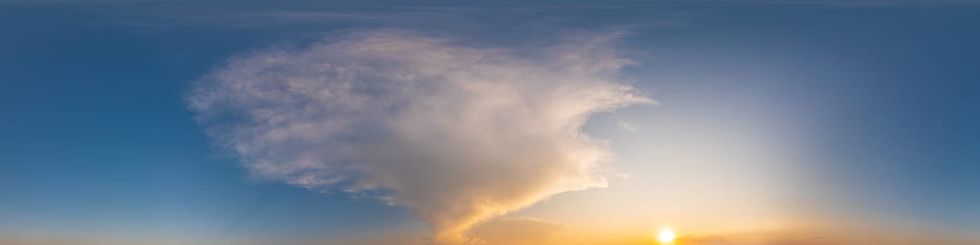 Dark blue sunset sky panorama with pink Cumulus clouds. Seamless hdr 360 pano in spherical equirectangular format. Full zenith for 3D visualization, game, sky replacement for aerial drone panoramas