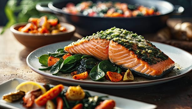 Salmon steak, spinach, lemon. Grilled salmon steak with grill marks, served with fresh spinach and lemon slices, steam rising