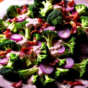 Broccoli salad components over finished dish blanched broccoli florets crispy bacon and red onion dancing. Food isolated on transparent background.