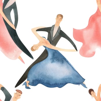 Ballroom dancing, standard. Adult couples on the parquet. Isolated watercolor illustration. Seamless pattern. White background.