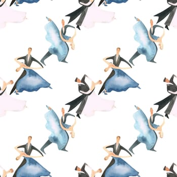 Ballroom dancing, standard. Adult couples on the parquet. Isolated watercolor illustration. Seamless pattern. White background.
