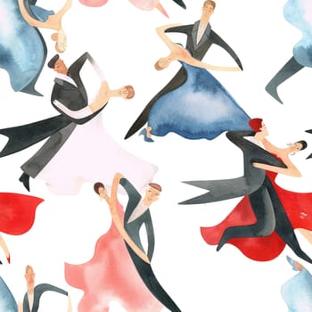 Ballroom dancing, standard. Adult couples on the parquet. Isolated watercolor illustration. Seamless pattern. White background.