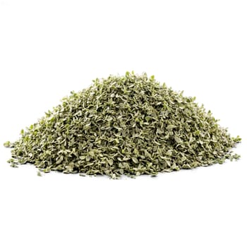 Dried oregano leaves muted green color crumbly texture natural arrangement Food and culinary concept. Food isolated on transparent background.