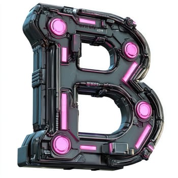A stylized letter B is shown, featuring a high-tech design with glossy black and vibrant pink elements. The modern aesthetics highlight themes of technology and innovation.