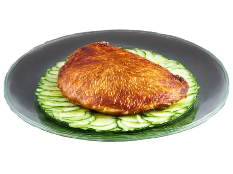 Peking duck sliced with crispy skin cucumber and scallions on a round transparent glass plate. Food isolated on transparent background.