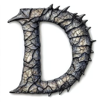 A detailed letter D designed to resemble dragon scales, showcasing textured surfaces and sharp features. The intricate craftsmanship highlights a mix of dark and light colors.