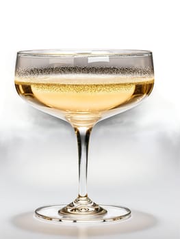 Orrefors Difference Sparkling Coupe, modern geometric crystal saucer, effervescent golden champagne, gentle swirl, soft shadows, celebratory mood, isolated.