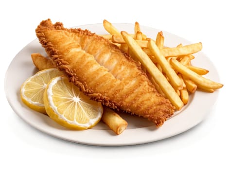 Fish and Chips Golden crispy fish fillets and thick cut fries classic British inspired dish. Food isolated on transparent background.