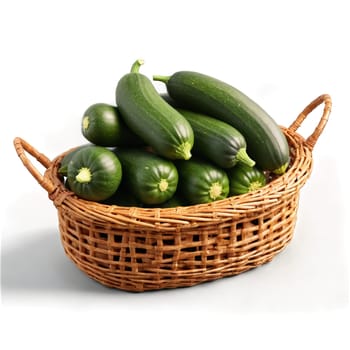 Zucchinis cucurbita pepo green whole and spiralized spiraling above rustic wicker basket misty air Food. Food isolated on transparent background.