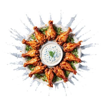 Chicken wings mandala a fiery mandala of chicken wings with hot sauce dripping and blue. Food isolated on transparent background.