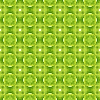 Tiled watercolor background. Green unique boho chic summer design. Hand painted tiled watercolor border. Textile ready lively print, swimwear fabric, wallpaper, wrapping.