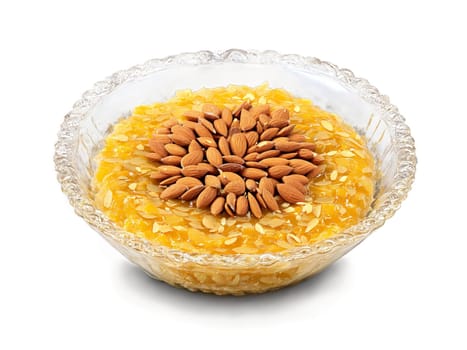Badam Halwa Rich nutty badam halwa with the essence of almonds served in a glass. Food isolated on transparent background.