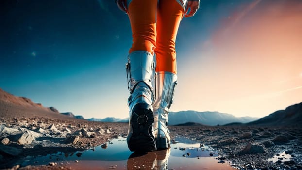 A model in a futuristic space suit with her long legs in high tech stockings.