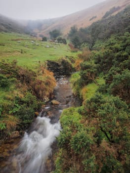 Stream winding its way down a steep gulley into Meldon Reservoir under low cloud, Dartmoor National Park, Devon, UK