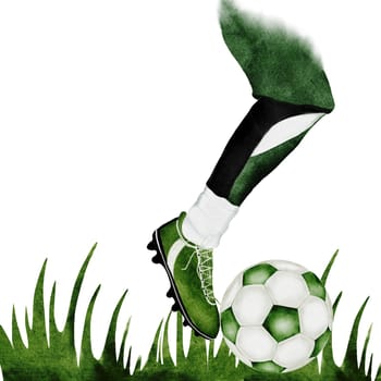 Football game watercolor. Hand drawn composition of football player's leg, soccer ball and grass. Clip art of sports illustration on isolated white background. Ideal for advertising flyers, posters and match tickets. High quality illustration