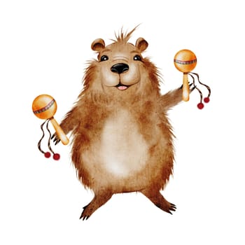 Capybara watercolor. A funny animal holds maracas. Cute water pig hand drawing on isolated white background. Clip art of a friendly cartoon guinea pig. Ideal for stickers, posters and cards. High quality illustration